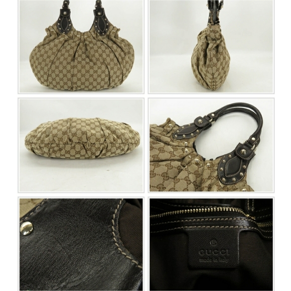 💯 AUTH GUCCI GG CANVAS LEATHER STUDED GATHER BAG - Picture 7 of 9